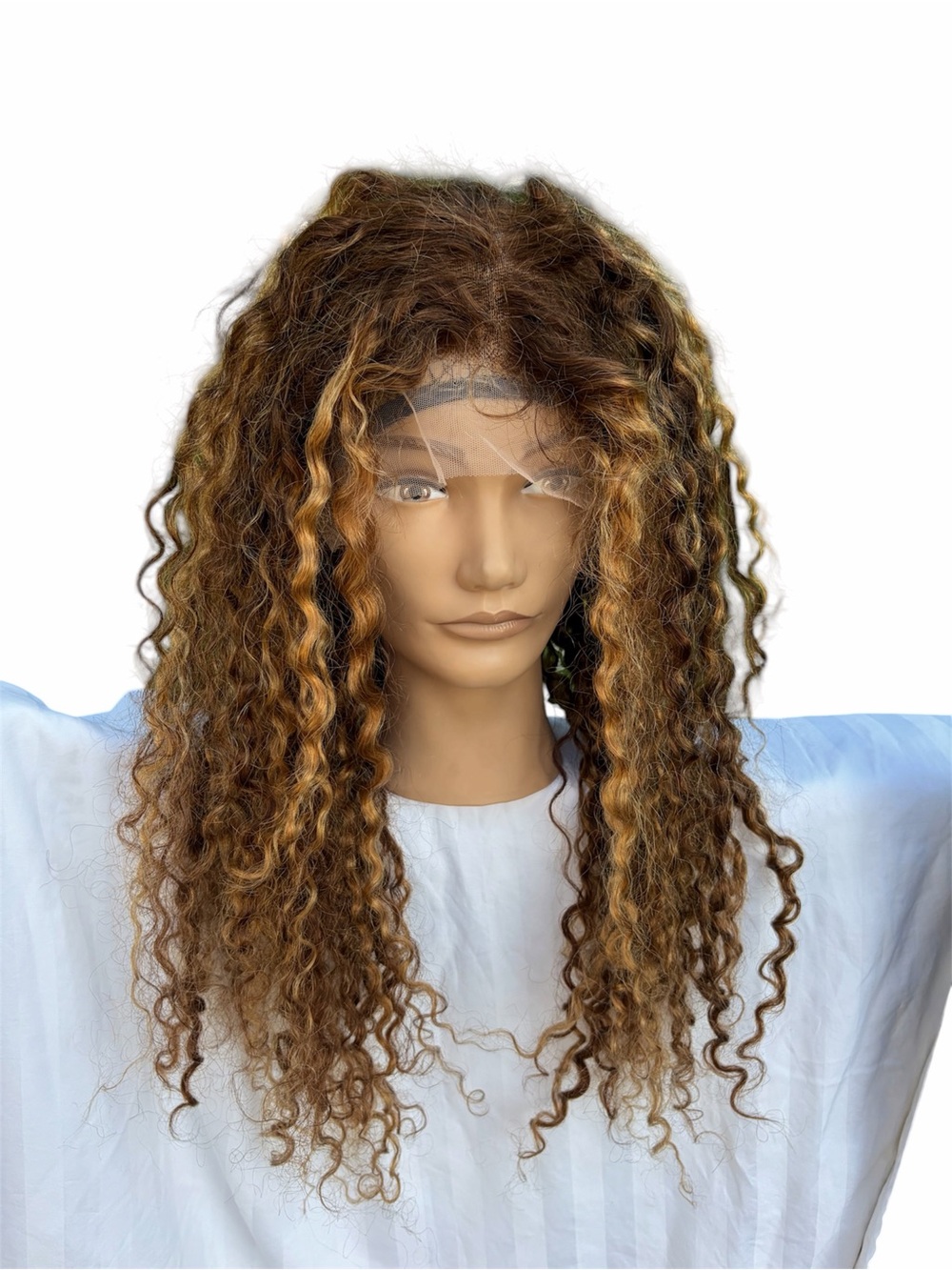 Lace front long curly brown with honey blonde highlights human hair wig